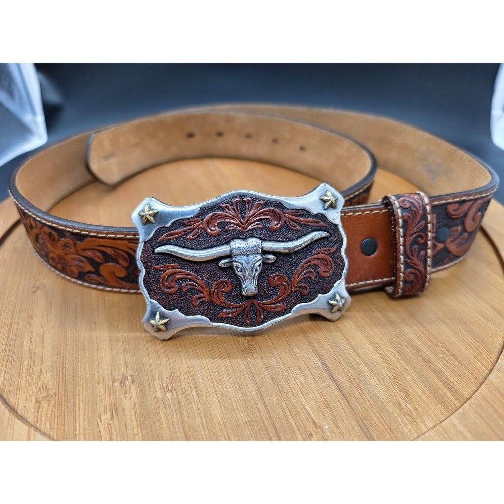 Justin Men's Classic Longhorn Tan Tooled Leather Western Belt C11194 Size 38